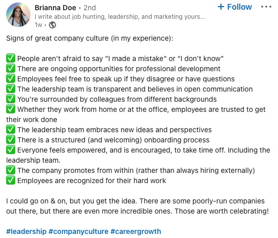 Brianna Doe Linkedin Post