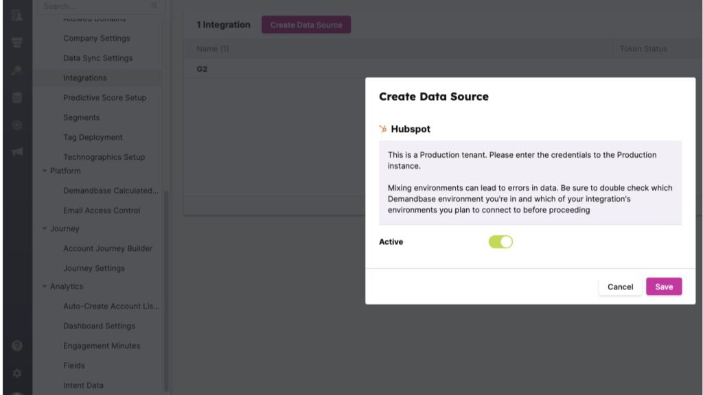 Hubspot Integration data source window Image