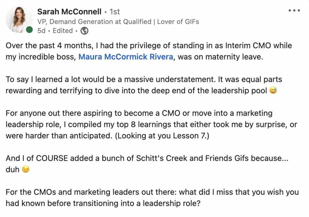 Sarah McConnell Linkedin Post